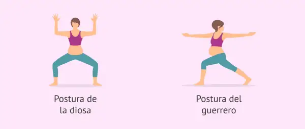 Dos posturas de yoga para embarazo tercer trimestre: Postura de la diosa y Postura del guerrero.