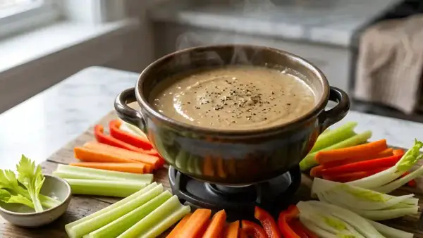 Un bol fumant de bagna cauda, garni de poivre noir, entouré de bâtonnets de légumes croquants : carottes, céleri et poivrons rouges.