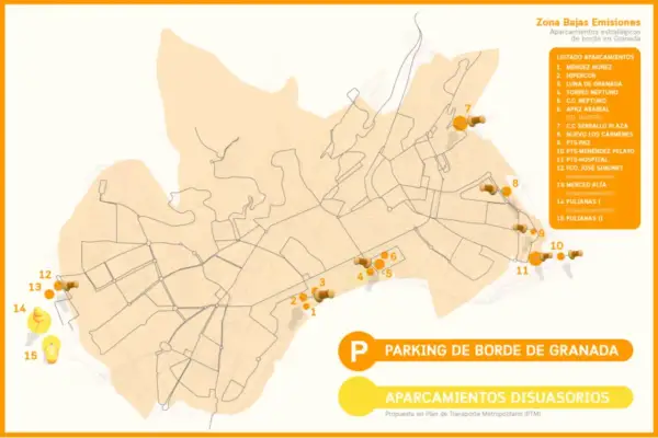 Mapa de la zona de bajas emisiones en Granada, señalando aparcamientos estratégicos de borde y disuasorios.