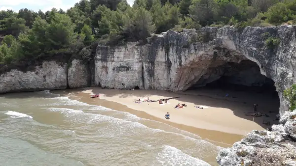 Spiaggia dei Colombi: una baia nascosta con una grotta marina, scogliere bianche e pini marittimi. Alcune persone si rilassano sulla sabbia dorata.