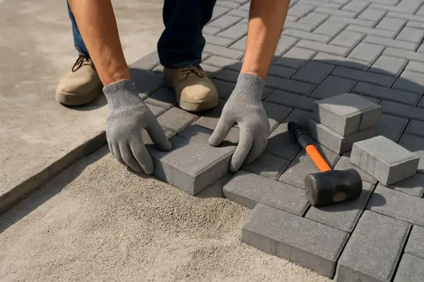 Mani guantate posano autobloccanti grigi su letto di sabbia. Martello di gomma vicino. Valutazione costo posa autobloccanti.