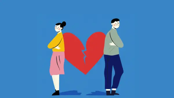 Coppia separata da un cuore spezzato, ognuno pensa a una persona, con espressioni tristi.