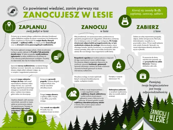 Ilustracja przedstawia drzewa, namiot i ikonki związane z biwakowaniem w lesie.
