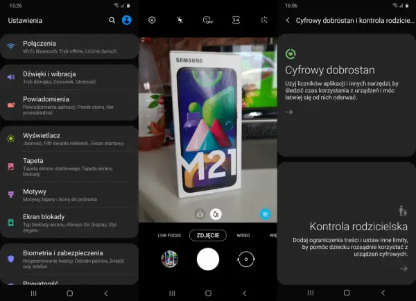 Ekran telefonu z ustawieniami "Cyfrowy dobrostan" i "Kontrola rodzicielska" oraz pudełkiem telefonu Samsung M21.