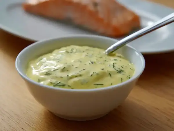 Krämig sås till lax, med dill och andra örter, serverad i en vit skål. En perfekt sås till din laxrätt.