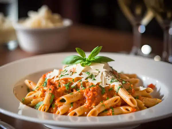 En tallrik penne med krämig tomatsås, toppad med parmesan och basilika. Perfekt till ett glas vin till vodkapasta.