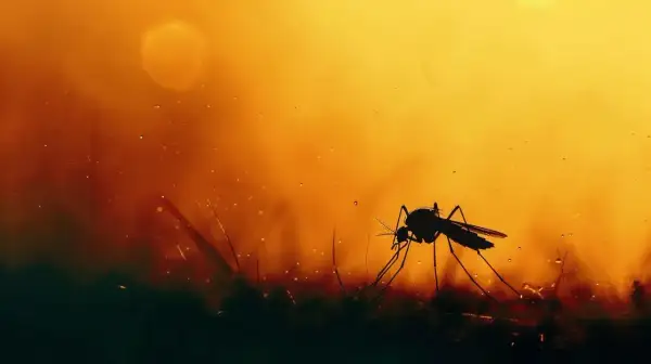 Ciemny komar na tle pomarańczowego nieba. Czas pomyśleć, co na komary w domu, zanim zaczną kąsać.