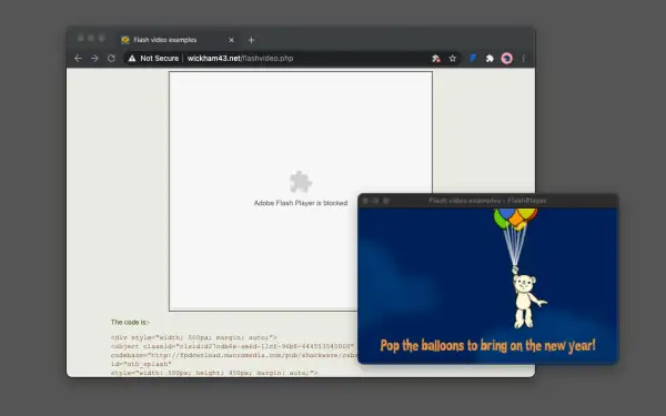 A teddy bear holds balloons in a Flash Player window, while the main browser window shows "Adobe Flash Player is blocked.