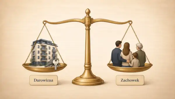 Waga szalkowa symbolizuje rozważania o darowiźnie i zachowku. Na jednej szalce budynek z kluczami, na drugiej rodzina.