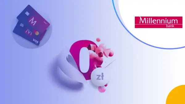 Karty Visa i Mastercard z logo Millennium. Grafika symbolizuje zero złotych, sugerując brak opłat za millennium konto 360.