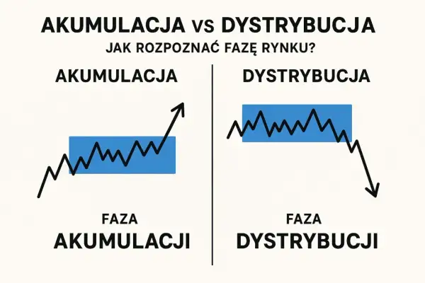 Akumulacja vs dystrybucja: jak sprawdzić fazy w domu. Wykresy pokazują trend wzrostowy (akumulacja) i spadkowy (dystrybucja).