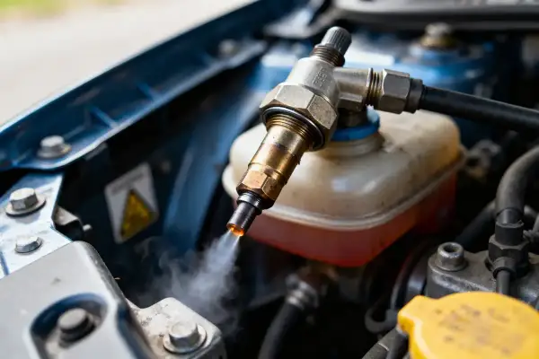 Un injecteur grippé émet de la vapeur. Le moteur de la voiture est ouvert, révélant le système d'injection.