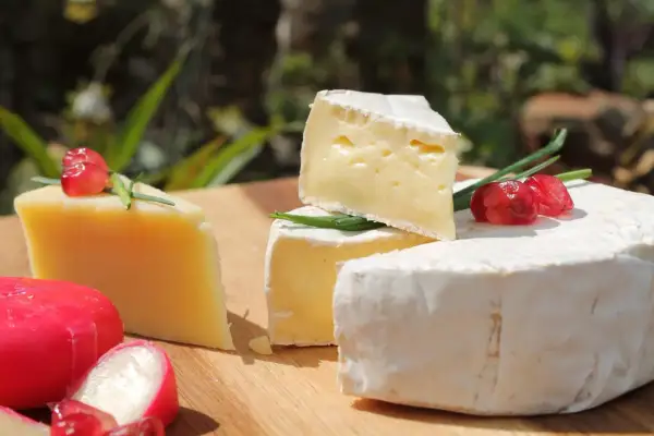Olika ostar, inklusive brie och en hårdost, dekorerade med granatäppelkärnor och gräslök. Perfekt för en ostbricka, kanske till och med för en gravid som längtar efter mozzarella.