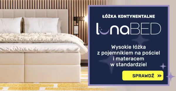 Wysokość łóżka z materacem LunaBED zapewnia komfortowy wypoczynek. Eleganckie łóżko kontynentalne z pojemnikiem na pościel.