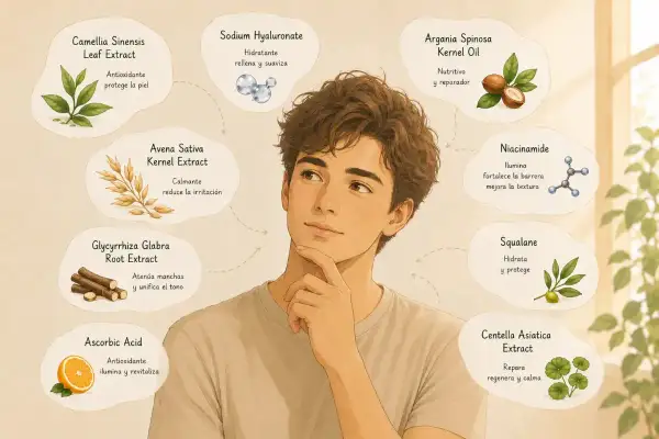 Joven pensativo rodeado de los crema reina ingredientes: extractos de té verde, avena, regaliz, ácido ascórbico, ácido hialurónico, aceite de argán, niacinamida, escualano y centella asiática.