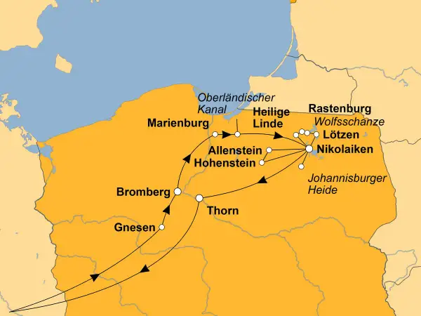 Karte mit Reiseroute durch Polen: Marienburg, Allenstein, Rastenburg, Wolfsschanze, Johannisburger Heide – spannende Dinge zu sehen!