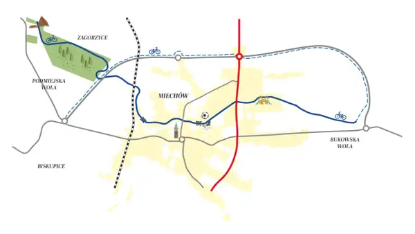 Mapa przedstawia ścieżkę rowerową trasą dawnej kolejki wąskotorowej wokół Miechowa, z zaznaczonymi atrakcjami turystycznymi.