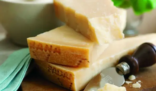 Pezzi di Grana Padano, formaggio a pasta dura, con un coltello da formaggio. La sua origine è legata alla Pianura Padana.