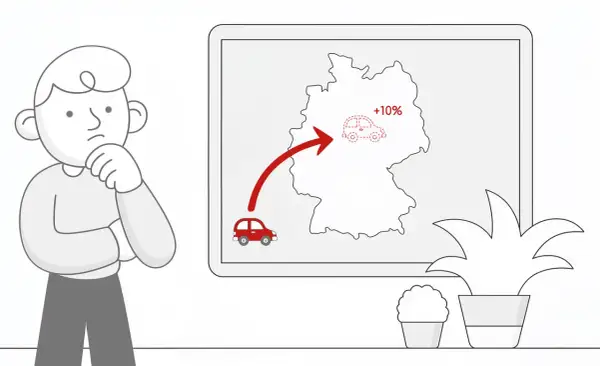 Zamyślony człowiek patrzy na mapę Niemiec z czerwoną strzałką wskazującą na wzrost akcyzy o 10% na samochody.