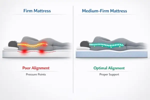 Diagram shows a firm mattress causing poor spinal alignment and pressure points, while a medium-firm mattress offers optimal alignment. This is key for the best mattress 2026.