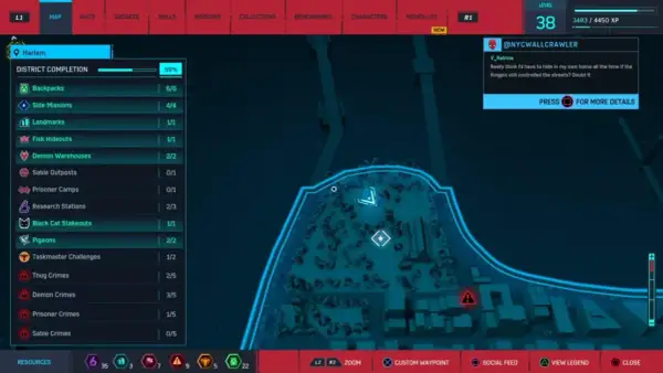 Mapa Spider-Man 2 z postępem w dzielnicy Harlem. Widać listę zadań i ukończonych aktywności, takich jak kryjówki Fisk, magazyny demonów i gołębie.