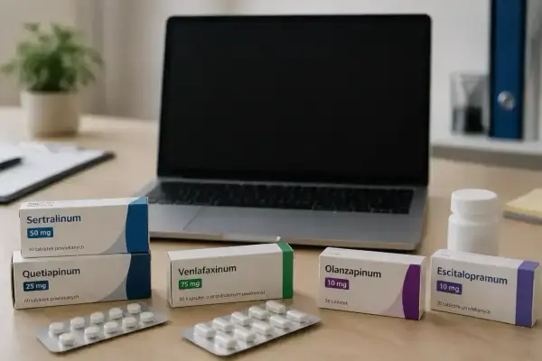 Na biurku leżą leki: Sertralinum, Quetiapinum, Venlafaxinum, Olanzapinum i Escitalopramum. Obok laptopa i białej buteleczki.