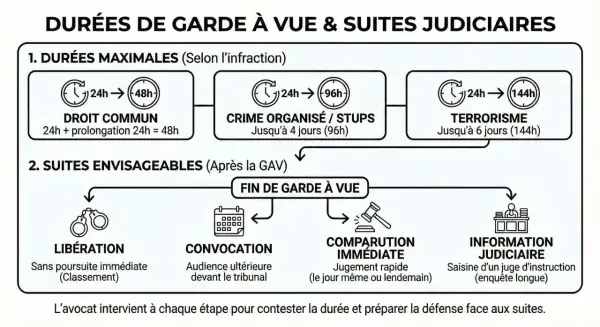 Schéma expliquant les durées maximales de garde à vue au commissariat et les suites judiciaires possibles : libération, convocation, comparution immédiate ou information judiciaire.