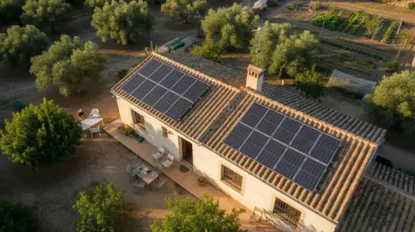 Casa rural con paneles solares en el tejado, ideal para el cálculo del consumo eléctrico. Rodeada de olivos y huerto.