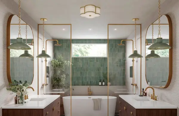 Elegant bathroom with dual vanities, a freestanding tub, and green tiled showers. Learn how to hang a bathroom mirror in this stylish space.