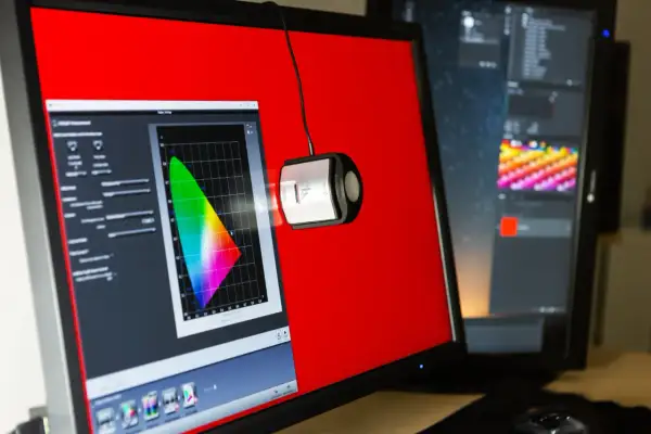 Urządzenie do kalibracji ekranu laptopa mierzy kolory na monitorze. Na ekranie widoczny jest wykres gamutu barw.