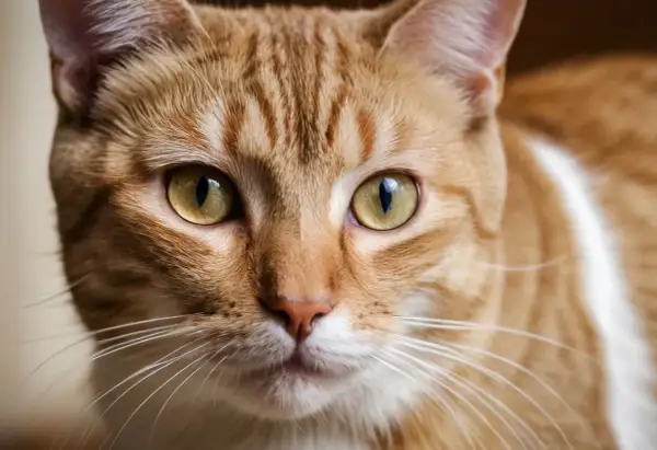Nahaufnahme einer orange getigerten Katze mit leuchtend gelben Augen, die neugierig in die Kamera blickt.