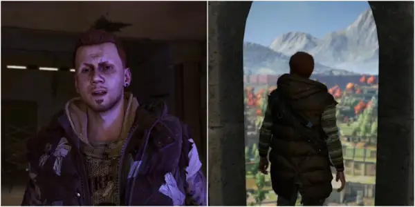 Dying Light 2: Damien, z blizną na twarzy, patrzy w dal na krajobraz miasta.