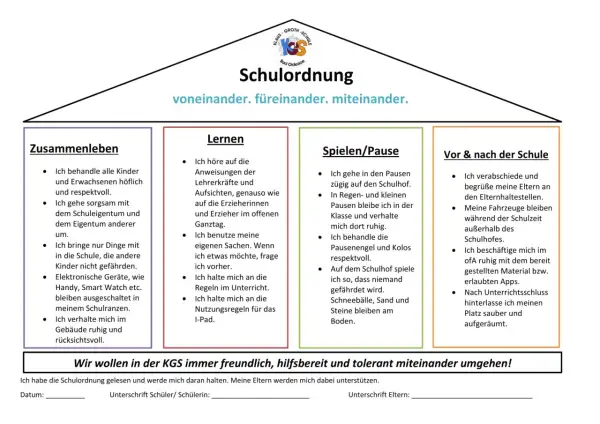 Schulordnung der KGS: Regeln für Zusammenleben, Lernen, Spielen/Pause und Verhalten vor/nach der Schule.