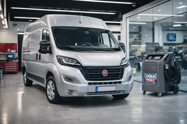 Srebrny Fiat Ducato 2.3 gotowy do serwisu. Obok maszyna do wymiany oleju Liqui Moly.