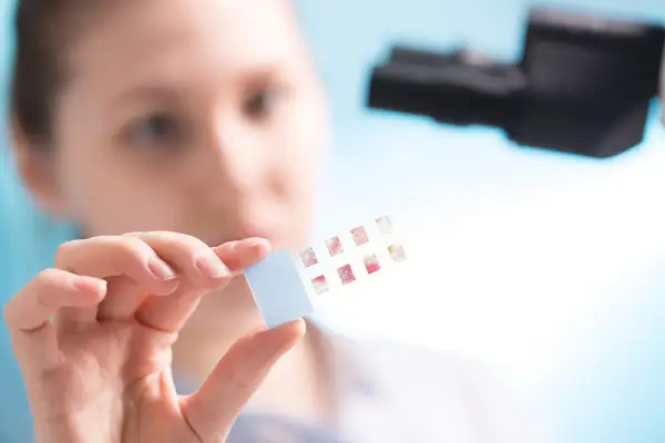 Naukowczyni analizuje próbki po biopsji gruboigłowej, oceniając wynik BIRADS 4 pod mikroskopem.
