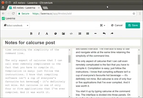 Notatki w aplikacji Laverna, tworzone są notatki o "calcurse post".