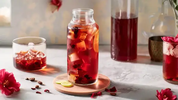 Orzeźwiający napój z hibiskusa z lodem i cytryną. Dowiedz się, jak parzyć hibiskus, by uzyskać ten piękny kolor i smak.