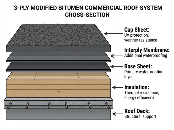 Cross-section of a 3-ply modified bitumen roof installation, showing layers from roof deck to cap sheet for waterproofing and insulation.