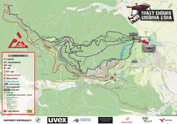 Mapa tras rowerowych Srebrna Góra. Oznaczono trasy A1-D, linie specjalne i plac treningowy.