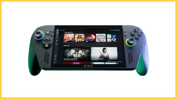 ROG Ally X, przenośna konsola do gier, prezentuje interfejs z grami Xbox.