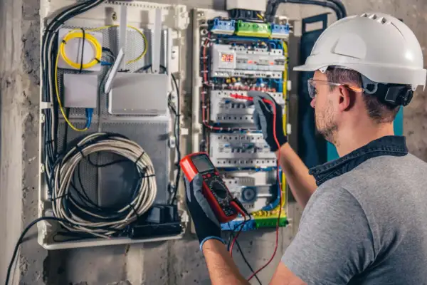Elektryk w kasku sprawdza instalację elektryczną multimetrem. W skrzynce widać router, kable i bezpieczniki.