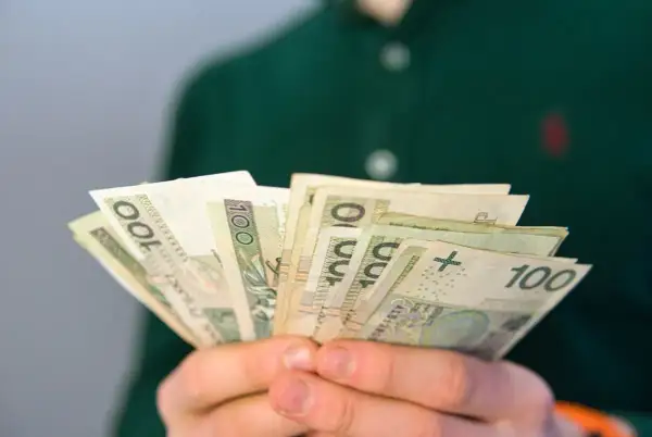Dłonie trzymające plik banknotów 100 zł. Zastanawiasz się, ile wynosi renta rodzinna dla dziecka?