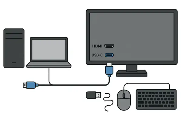 Ilustracja przedstawia połączenie komputera stacjonarnego, laptopa, monitora, klawiatury i myszy za pomocą kabli.