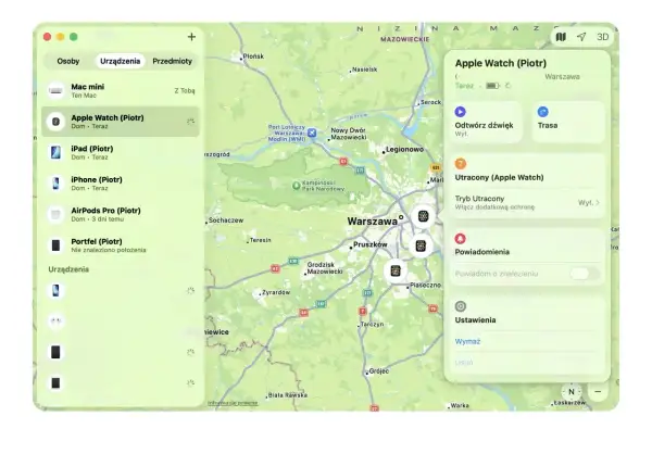 Jak znaleźć iPhone? Aplikacja Lokalizator pokazuje na mapie Warszawy urządzenia Piotra, w tym iPhone'a. Można odtworzyć dźwięk lub włączyć tryb utracony.