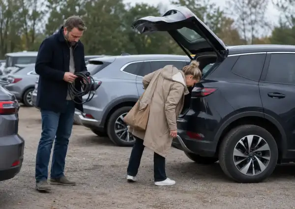 Man med laddkabel vid en begagnad elbil. Kvinna tittar i bagageluckan på en annan elbil.