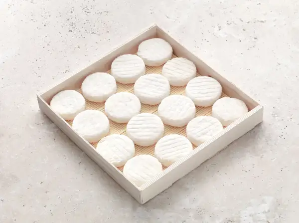 Un plateau en bois présente une rangée de petits fromages ronds, évoquant l'origine du saint marcellin fromage.