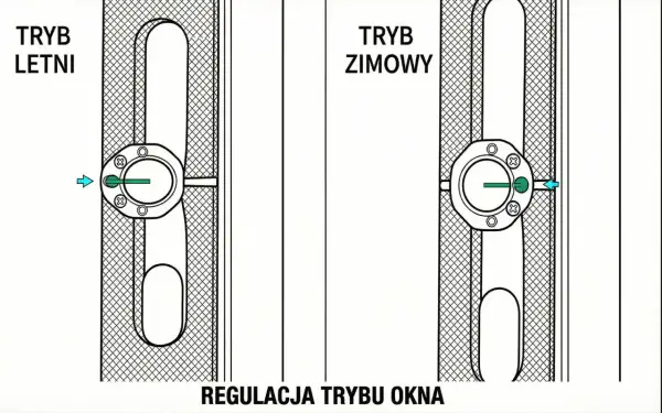 Ilustracja pokazuje, jak wyregulować okno: tryb letni i zimowy. Pokrętło z zieloną kropką wskazuje pozycję.