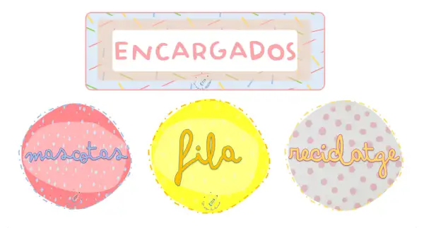 Diseño para imprimir: "Encargados de clase" con círculos para "mascotas", "fila" y "reciclaje".