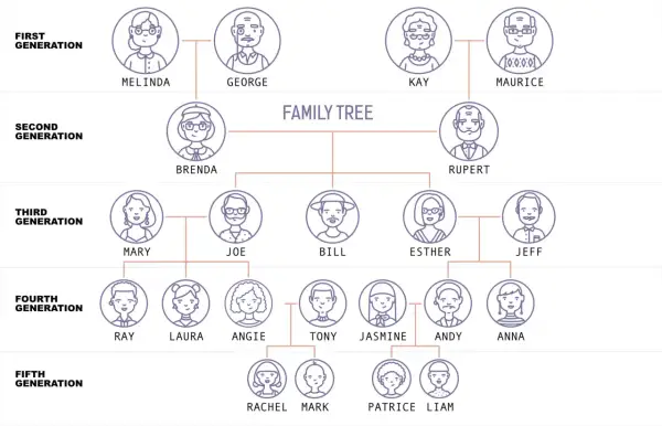 Árbol genealógico con varios miembros de la familia en inglés, desde la primera hasta la quinta generación.