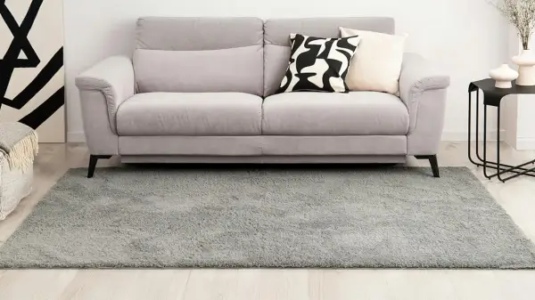 Grauer Hochflorteppich vor einem Sofa. So reinigen Sie Ihren langflorigen Teppich für ein frisches Zuhause.